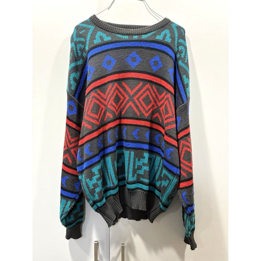 Chateau Vintage Korea Knit Sweater XL Geometric Colorblock 80s 90s Acrylic Bold